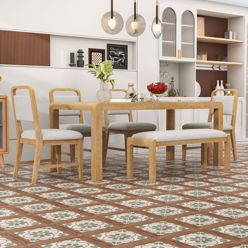 Table de salle à manger extensible Vintage pour 4 à 6 personnes, table en bois rustique avec 4 chaises rembourrées et banc