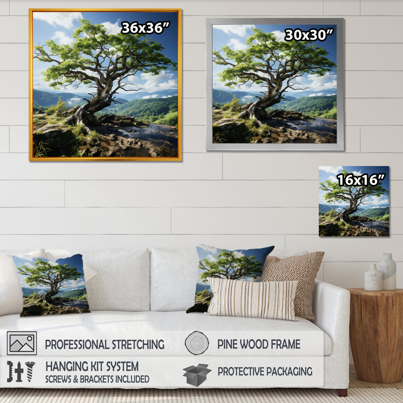Bonsai vert - horizon du Japon - impression, H 16 po x l 16 po x P 1 po, Cadre flottant doré