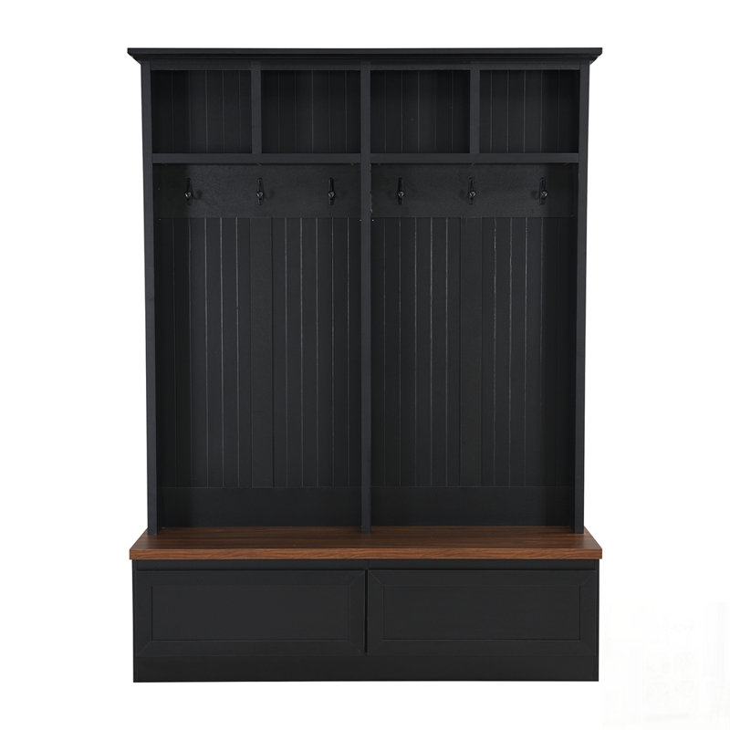 Farmhouse 4-in-1 Hall Tree with Wood Grain Bench, Mudroom Coat Rack, and 2 Large Drawers for Organized Entryways