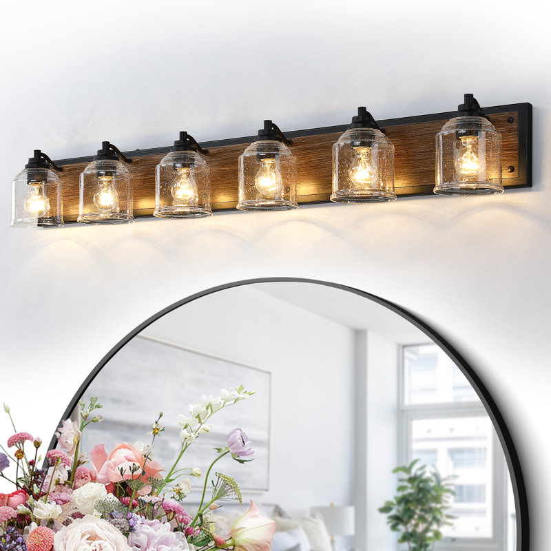48.5 W 6-Light Farmhouse Faux Wood Grain Vanity Light with Seeded Glass for Bathroom & Mirror, Black/Brown, 6