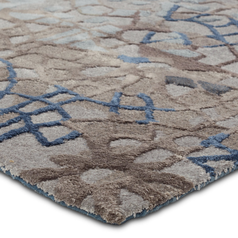 Tapis rectangulaire bleu / gris en laine / viscose touffeté à la main, Rectangle 10 pi x 14 pi