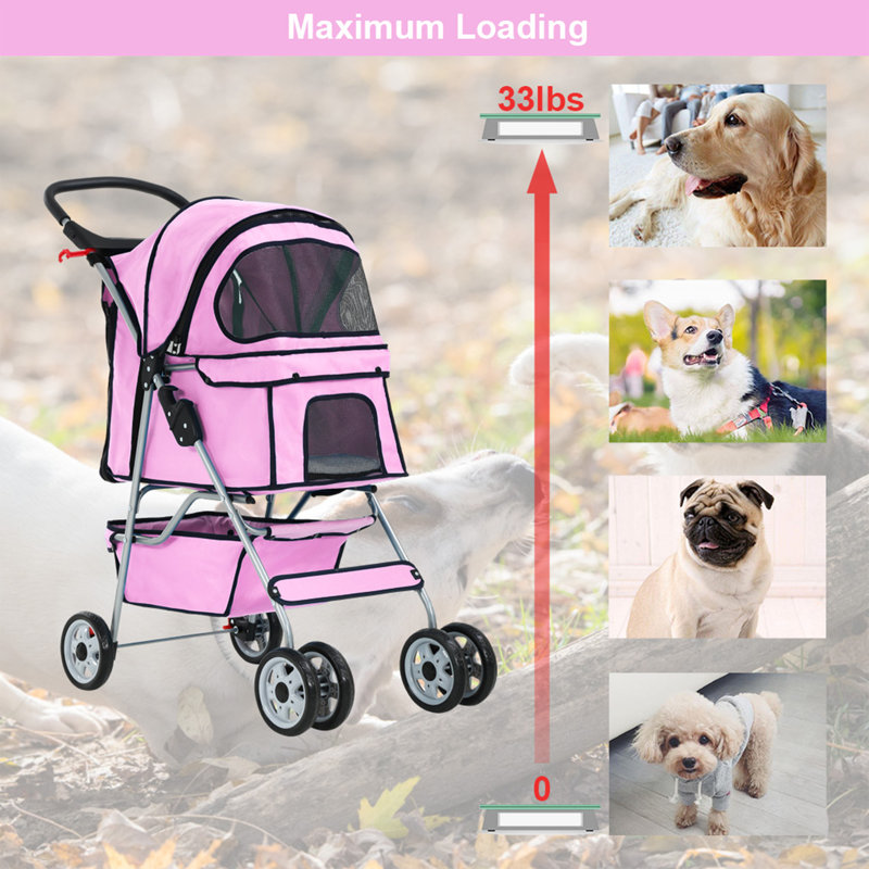 Pink 4-Wheel Pet Stroller with Mesh Windows