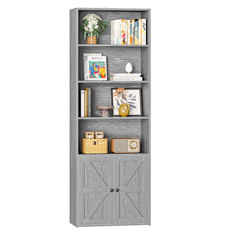 6 Tier 71.5"H x 22.7"W Wooden Storage Bookcase with Door Cabinets, Gray