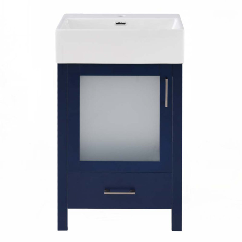 Meuble-lavabo de salle de bain avec lavabo en céramique, porte et tiroir, Bleu