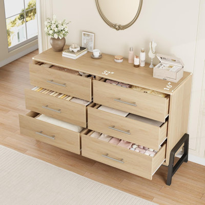 Commode de 52 po de largeur pour chambre à coucher, 6 tiroirs, commode en bois avec rangement, armoire de rangement pour couloir