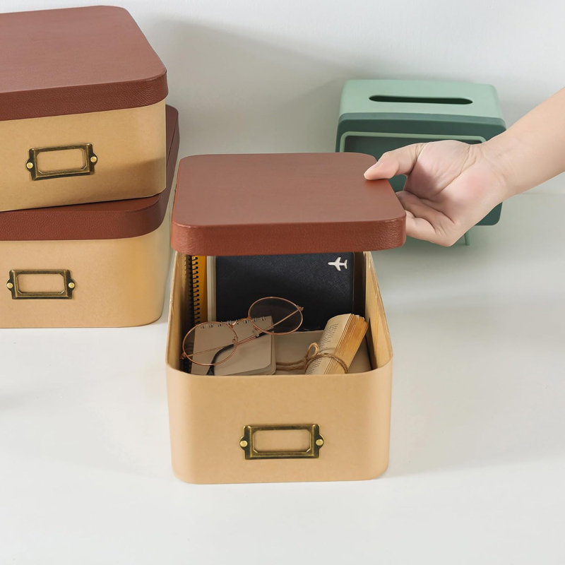Kraft Decorative Boxes With Light Leather Lids, Set Of 3 Cardboard Memory Boxes For Keepsakes With Bronze Label Holders, Perfect For Home And Office Decor And Organizing