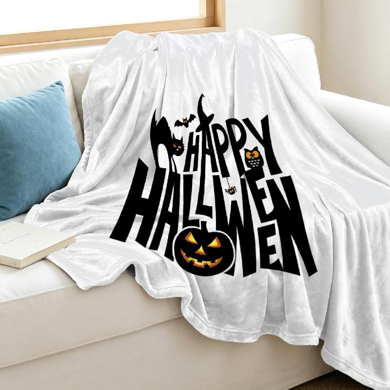 Jeté en molleton blanc ultra doux en flanelle, imprimé Happy Halloween Cat Owl, Jeté 40 po x 50 po