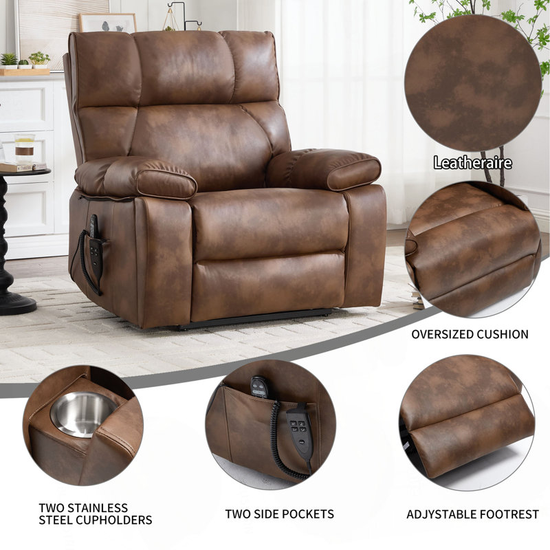 Grand fauteuil inclinable électrique relevable à deux moteurs Leather Massage Infinity jusqu'à 350 LBS avec porte-gobelets cachés