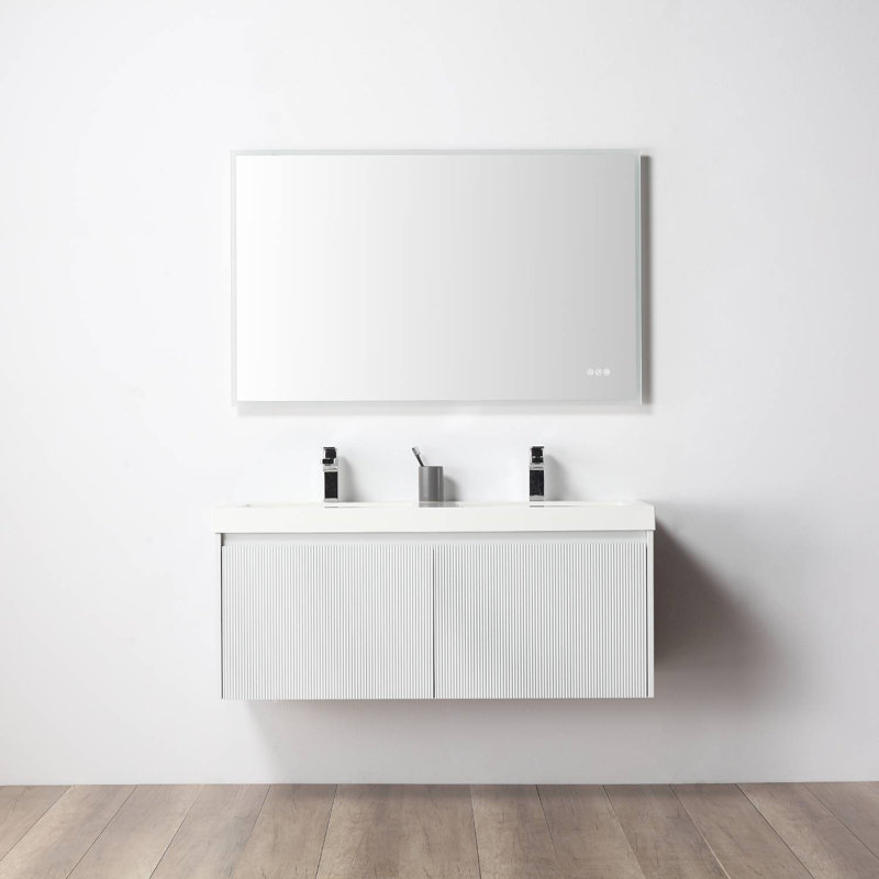 Annalisse 48 Inch Wall-Mounted Double Bathroom Vanity with Acrylic Sinks – Fluted Front, Soft-Close Drawers, Matte White