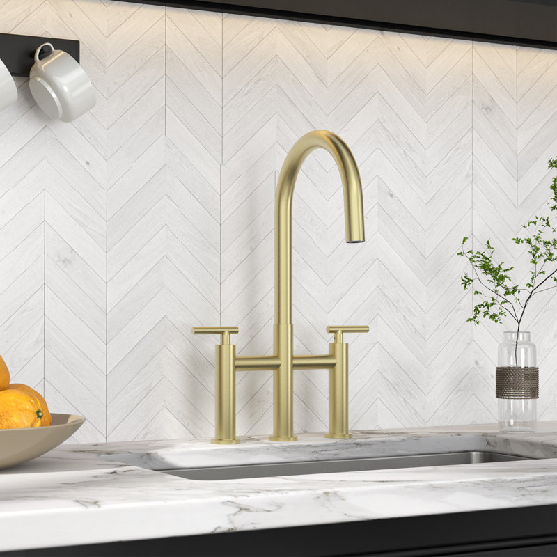Bridge Kitchen Faucet with Hidden Pull Down Sprayer, 3 Hole 8 Inch Kitchen Sink Faucet, Solid Brass, Gold, Gold