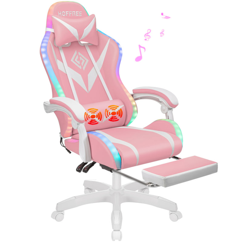 Pink and White Ergonomic Gaming Chair with Bluetooth Speakers and LED Lights