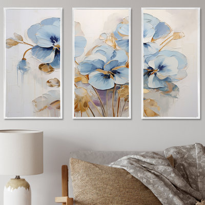 «Blue and Gold Minimalisme Pansy Delight - Pensies», ensemble d'art sur toile