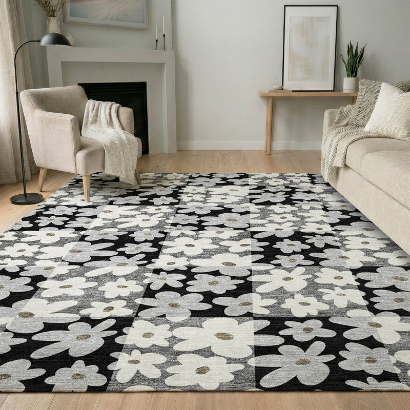Tapis floral lavable à la machine de qualité supérieure Mayfield AMF2476, Black, 3' x 5'