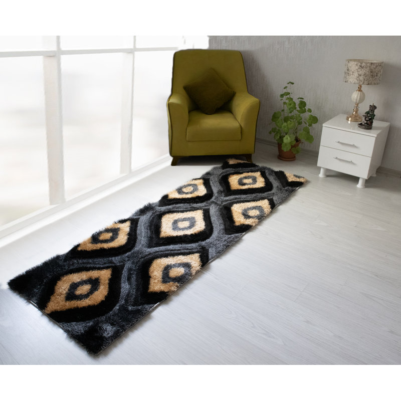 Tapis en polyester noir / gris / beige Demetres, Tapis de couloir de 2 pi x 7 pi
