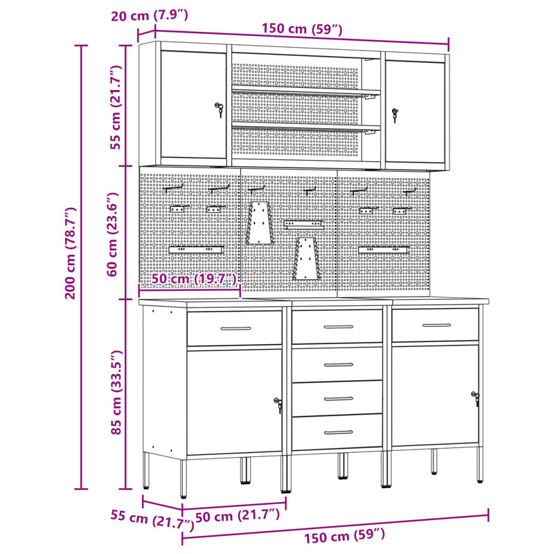 Set Of 5 Steel Large Height-Adjustable Work Cabinet, Red
