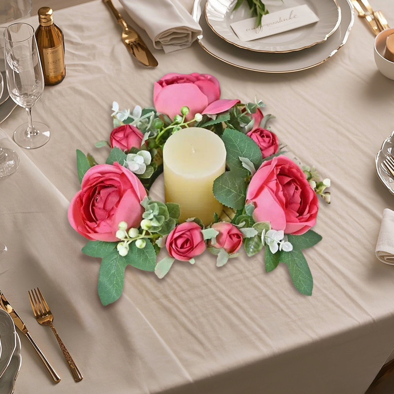 4Pcs Mini Rose Candle Rings Wreath, Dark Pink