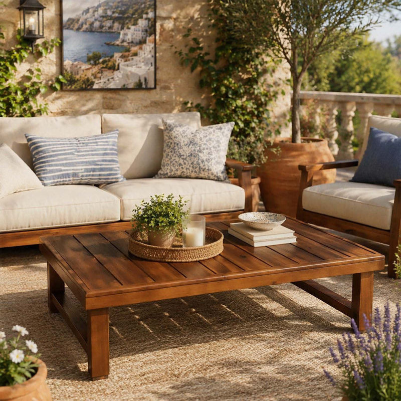 Table basse rustique en bois avec lattes et pieds de traîneau pour les rassemblements extérieurs, Moka