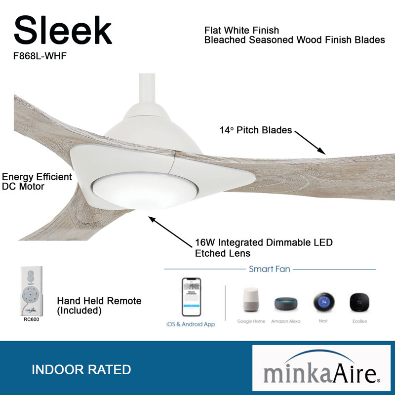 60" Sleek 3 - Blade LED Smart Standard Ceiling Fan with Remote Control and Light Kit Included, White/Gray