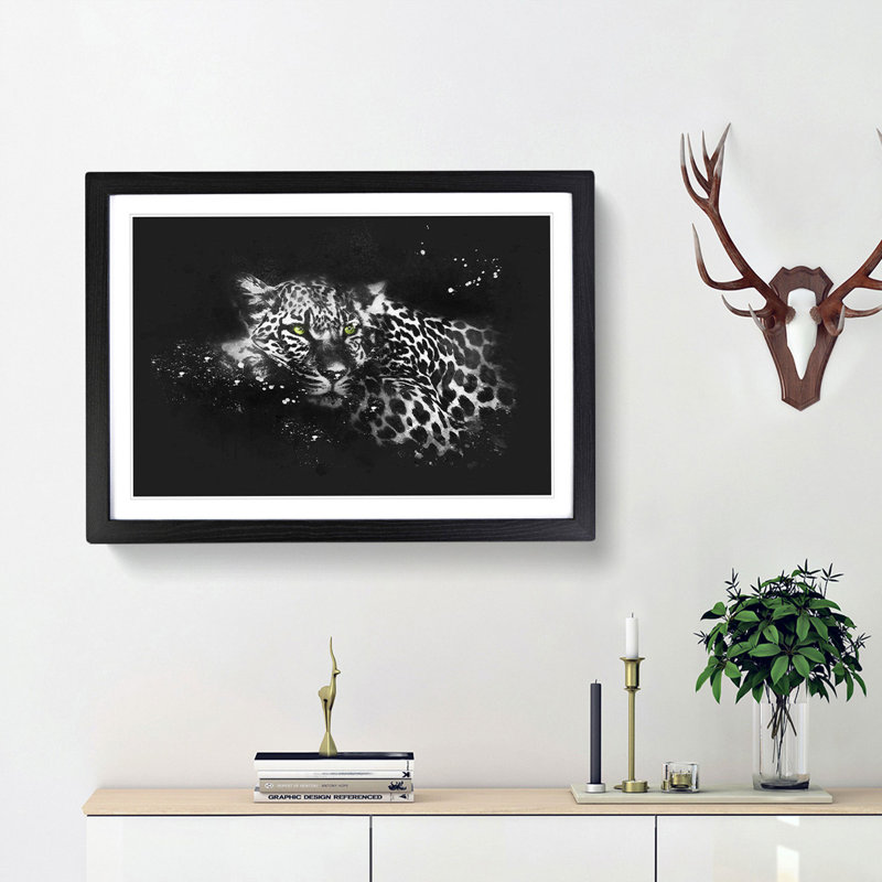 Leopard With Green Eyes High Paint Splash - Picture Frame Graphic Art, Black Framed, 45cm H x 63cm W x 2cm D
