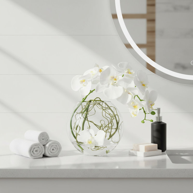 Orchid and Vine Arrangement in Glass Vase, White
