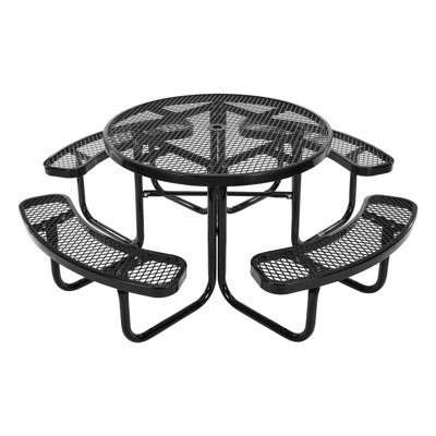 Heavy-Duty Picnic Table, Outdoor Furniture Weather Resistant Patio Dining Set, Coated Steel Tables with Umbrella Hole, 46" Round Table and Bench Set, for Garden, Backyard, Porch (Black)
