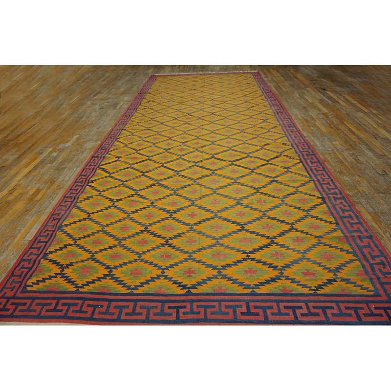 Yellow Gold Color Antique Tribal Geometric Cotton Dhurrie Wide Gallery Rug