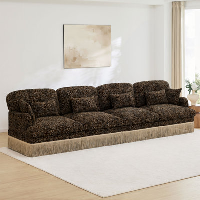 Canapé 131 places confortable en chenille à imprimé léopard de 131 po, bord à pampille délicat, canapé modulaire à la mode moderne, conception de fond ergonomique, assemblage facile, siège profond pour le salon