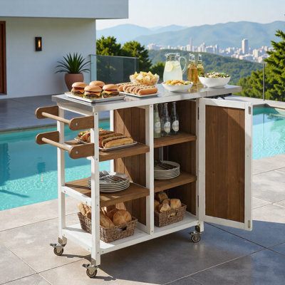 Foldable Outdoor Kitchen Island With Lockable Wheels, Storage Cabinet And Towel Rack