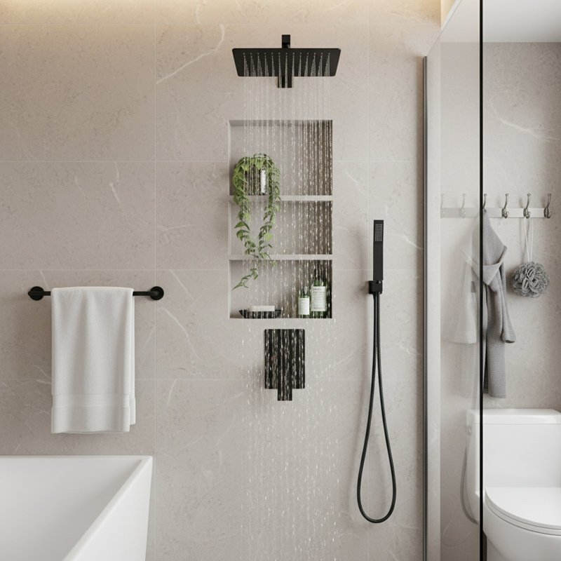 Système de douche à pluie mural noir mat 10 pouces avec pomme de douche à main et tablette de rangement, Noir mat