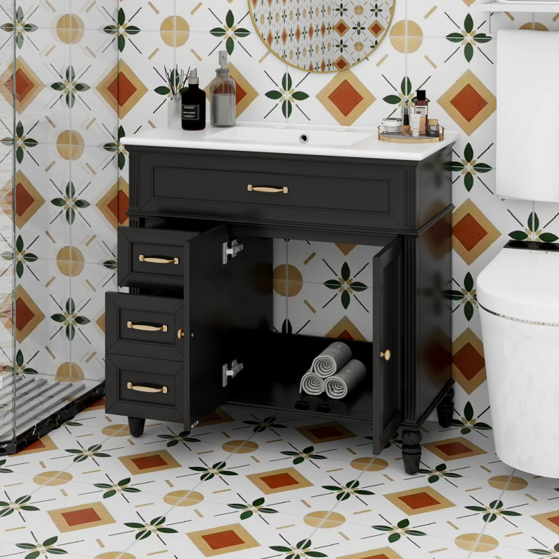 Meuble-lavabo 36 po avec lavabo en céramique, armoire de rangement avec 2 portes et 2 tiroirs, pieds rétro