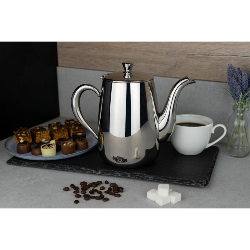 Café Olé Premium Coffee Pot, 18/10 Stainless Steel, Mirror Polished, 32Oz, Stay Cool Hollow Handles, Perfect Pour Spout