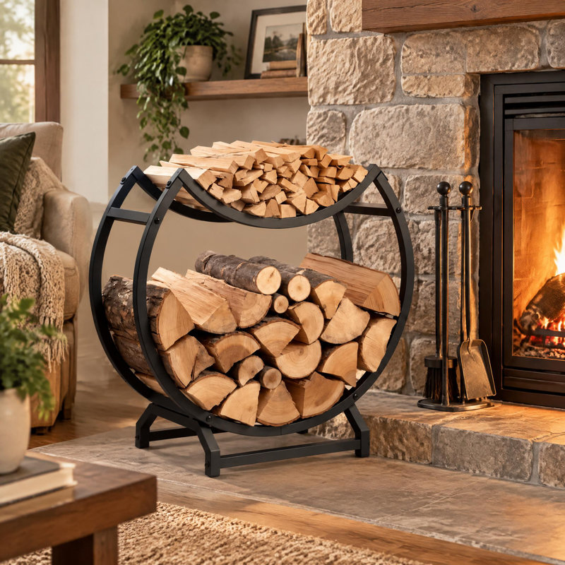 Support à bois de chauffage intérieur ou extérieur, support de rangement pour bûches incurvé de 23,6 po, support en bois compact en fer robuste, capacité de 66 lb