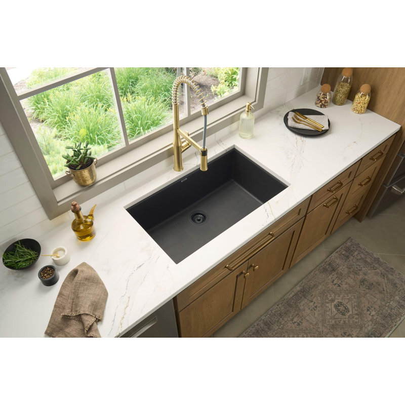 Ruvati 33 x 19 inch Granite Composite Undermount Single Bowl Kitchen Sink, Midnight Black, 2