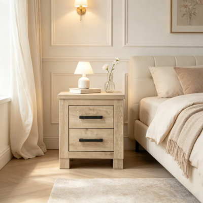 Table de chevet 25,75 po en bois d'ingénierie rustique avec 2 tiroirs et poignées bronze foncé pour la chambre à coucher, petits espaces
