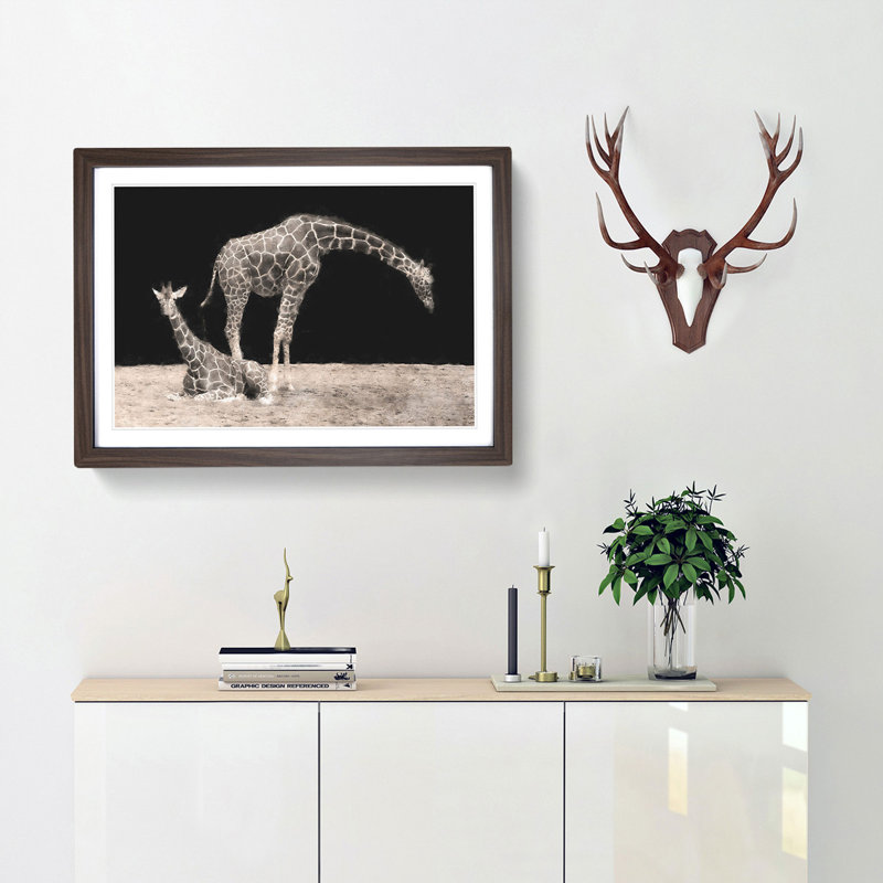 Two Giraffes - Picture Frame Painting Print, Walnut Framed, 24cm H x 33cm W x 2cm D