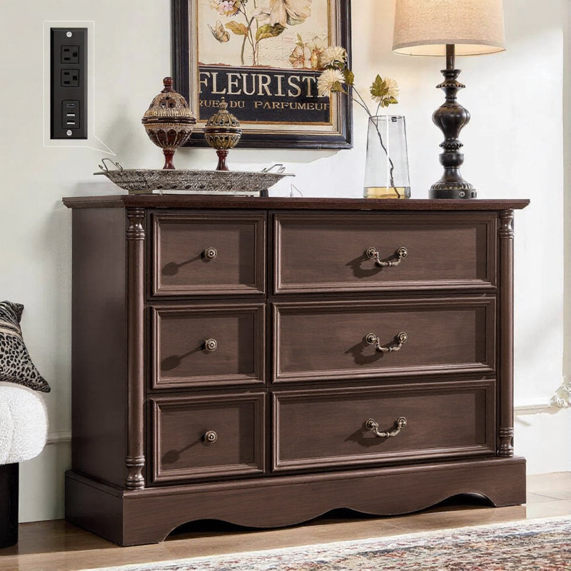 47"W Farmhouse 6 Wide Drawer Dresser, Bedroom Chest of Drawers With Anti-Tip Design, Brown
