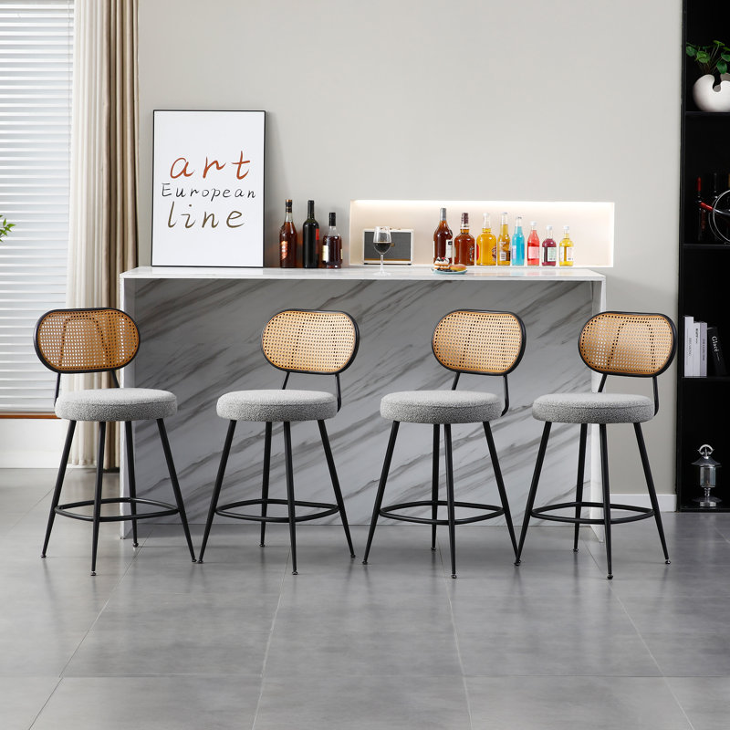 Counter Stool With Rattan Back, Gray, 4