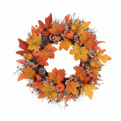 Couronne artificielle 15,7 po avec feuilles d'érable, citrouilles, gourdes, baies et pommes de pin - Décoration de la porte de l'Action de grâce
