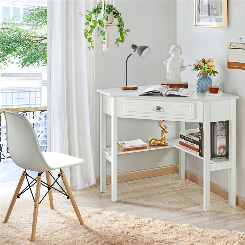 color Corner Computer Desk Home Office Writing Study Desk with Storage Drawer & Shelves, White