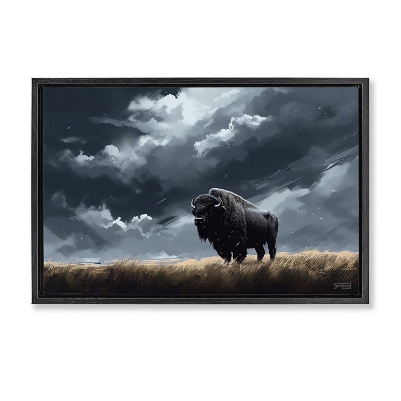 «Bison Silhouette with Clouds», toile flottante encadrée par Roozbeh Bahramali, Cadre flottant noir de jais