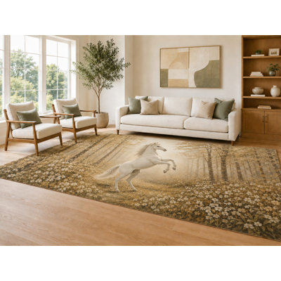 Large 6'7" x 9'10" Beige and Golden Color Meadow Horse Area Rug for Living Room, Soft Low Pile Carpet with Non-Slip Silicone Backing, Decor for Bedroom Dining Room and Home Office