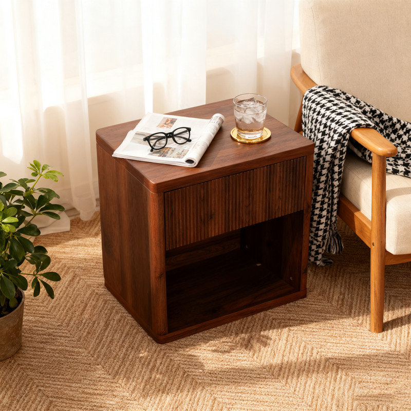 Large Nightstand With Drawer & Open Shelf, Modern Fluted Bedside Table With Wavefront Design For Bedroom, Living Room And Home Office