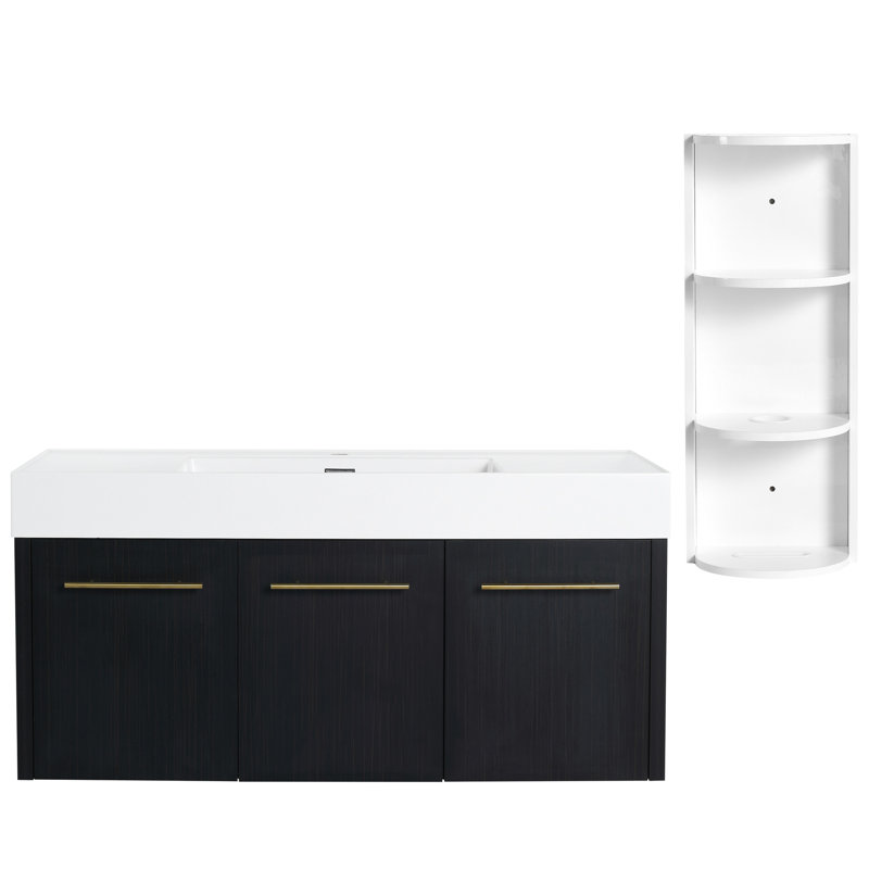 Meuble-lavabo mural de salle de bain et support de rangement, 48 po, lavabo en résine épaisse, moderne et fonctionnel avec armoire à trois portes, support séparé, contreplaqué d'eau