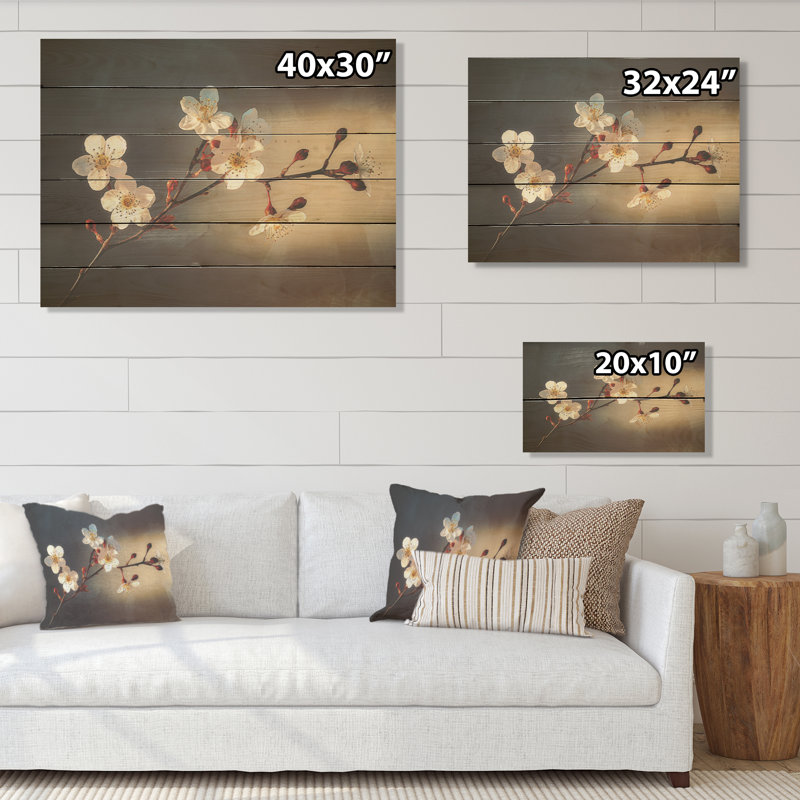 Fleur de cerisier en monochrome - Art mural en bois de cerisier sur bois de pin naturel, H 10 po x l 20 po