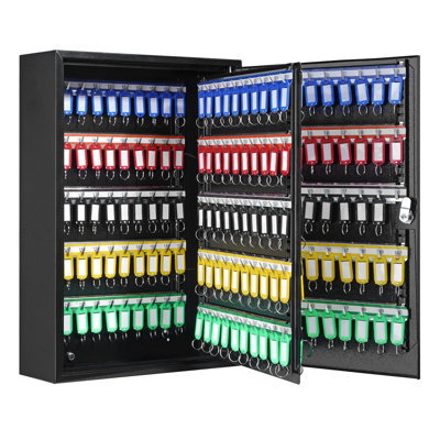 200-Key Steel Security Cabinet with Adjustable Racks, Locking Key Storage Box with 200 Color Tags and Record Cards for Office, School, Hotel - Black