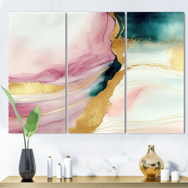 Géode abstraite, marbre rose et vert I, reproduction sur toile 3 pièces, H 32 po x l 48 po x P 1 po, Toile tendue