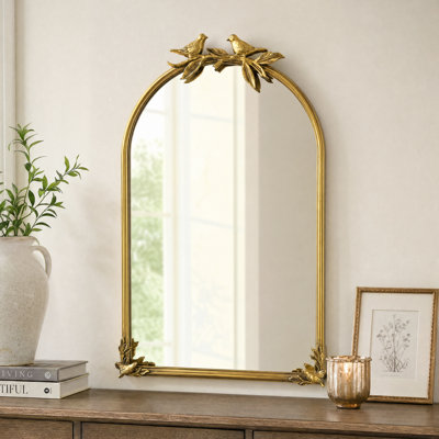 Arched Metal Wall Mirror with Vintage Bird & Branch Iron Wall Decor for Bedroom, Entryway, Living Room
