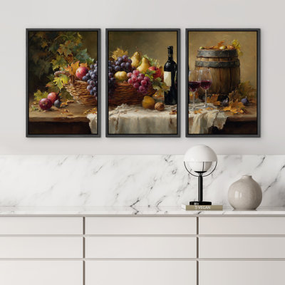 Vintage Wine and Fruit Still Life Harvest Table Art Framed Master Bedroom Wall Art Work 3 Pieces Print