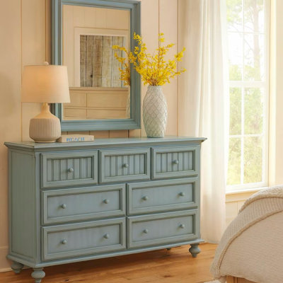 Kolya 7 Drawer 58" W Coastal Elegance Soild Wood Double Dresser Blue or White by Highland Dunes