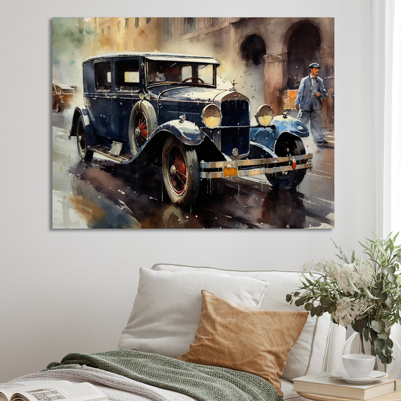 Malonnie, voitures emblématiques bleues et brunes sur toile, H 24 po x l 32 po x P 1 po, Toile tendue